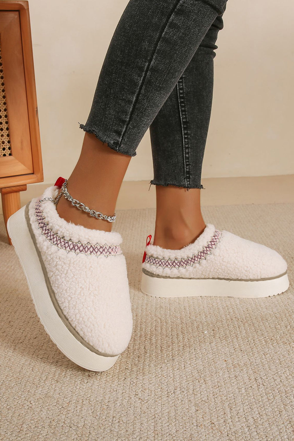 Soft Plush Embroidered Detail Flat Platform Slippers