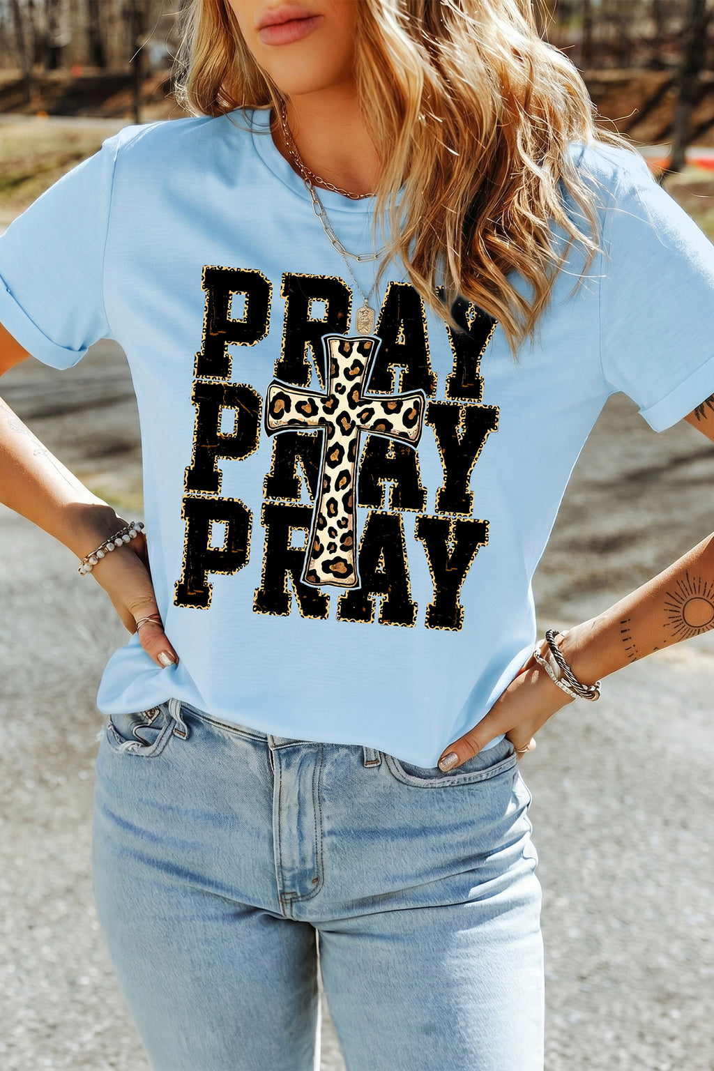 Light Blue PRAY Leopard Cross Graphic Loose Round Neck T Shirt