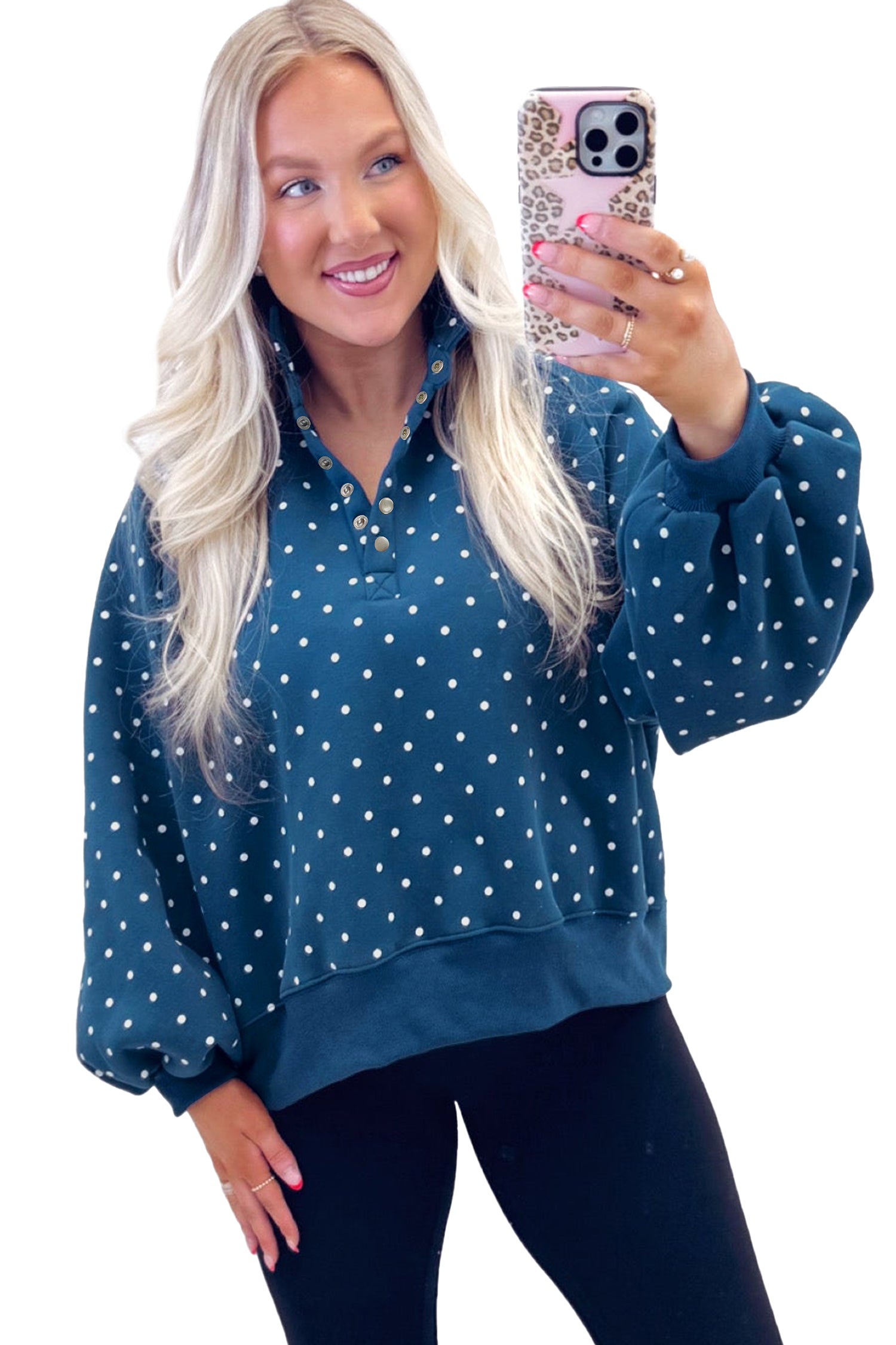 Brown Polka Dot Print Metal Button Collar Casual Pullover Sweatshirt