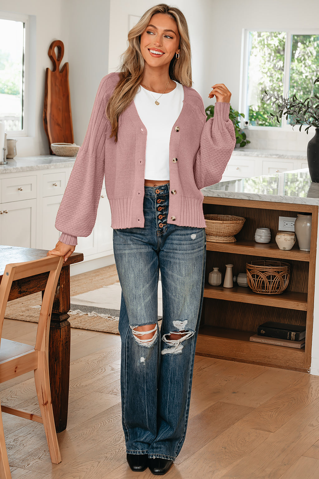Goat Mixed Texture Knit Button V Neck Sweater Cardigan