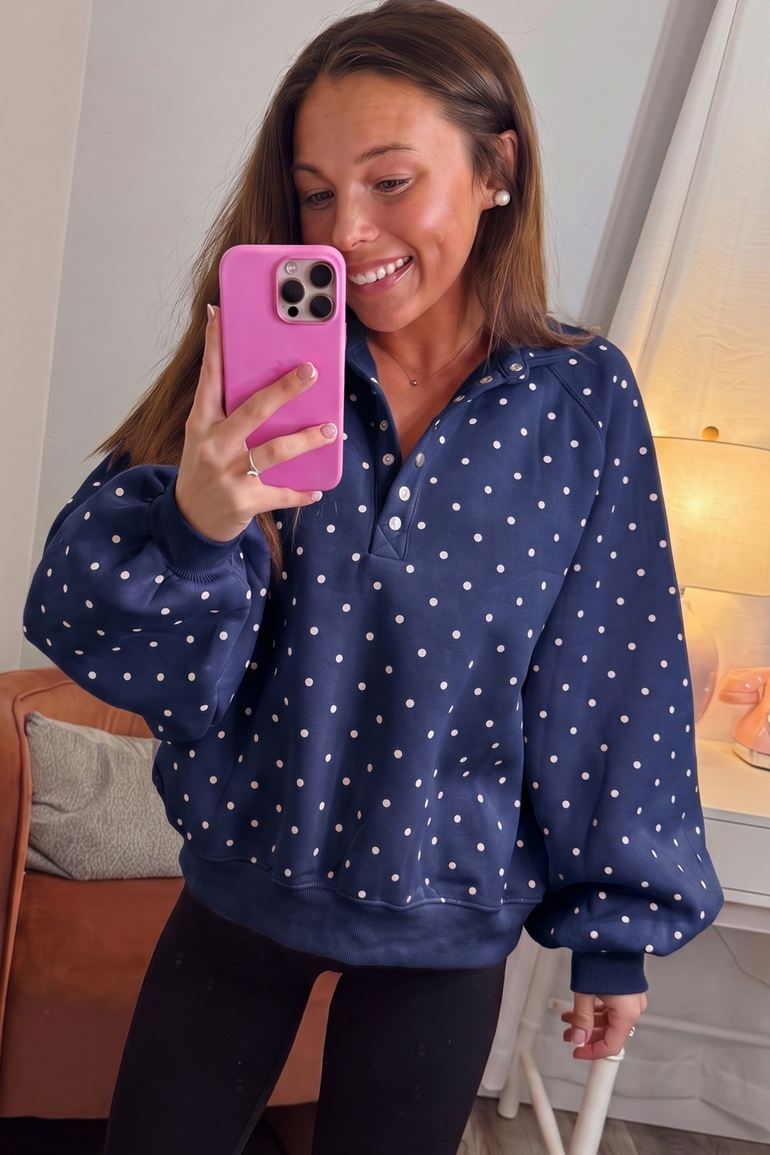 Brown Polka Dot Print Metal Button Collar Casual Pullover Sweatshirt