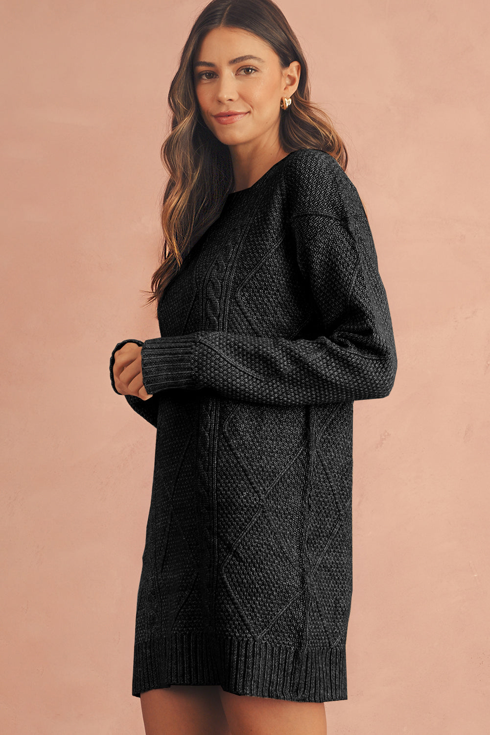 Oatmeal Cable Knit Drop Shoulder Loose Fit Sweater Dress