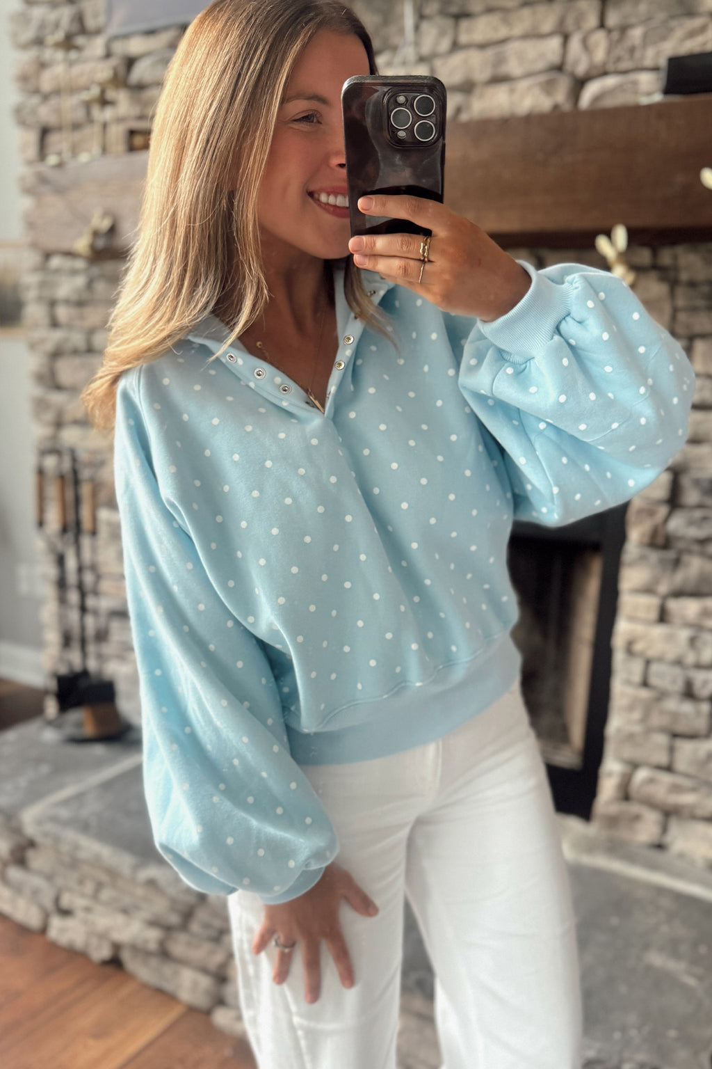 Brown Polka Dot Print Metal Button Collar Casual Pullover Sweatshirt