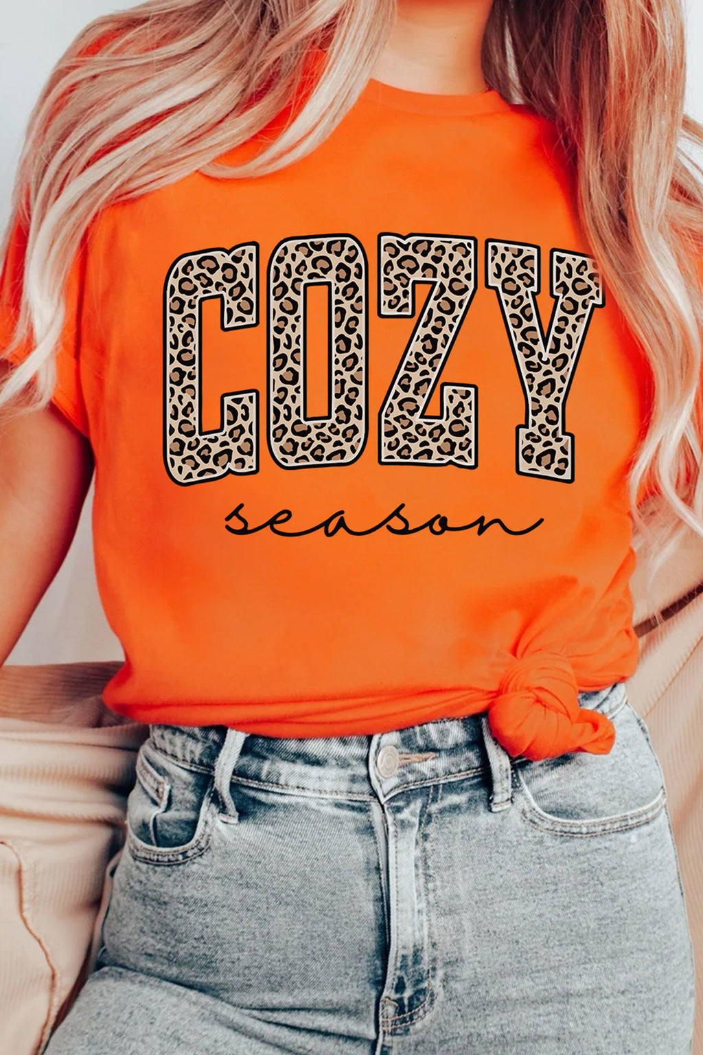 Orange COZY season Leopard Letter Graphic Casual Round Neck T Shirt