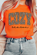 Orange COZY season Leopard Letter Graphic Casual Round Neck T Shirt