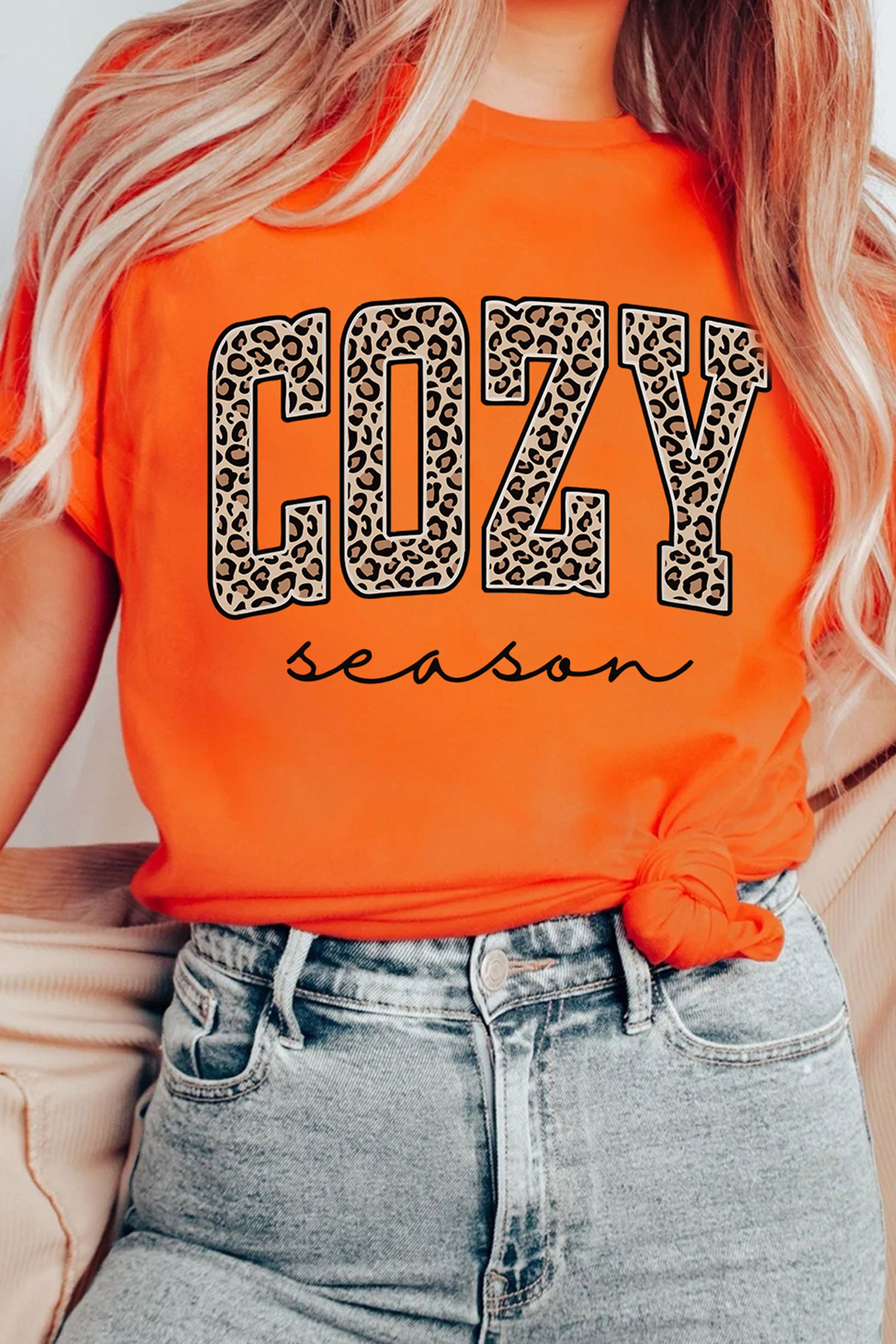 Orange COZY season Leopard Letter Graphic Casual Round Neck T Shirt