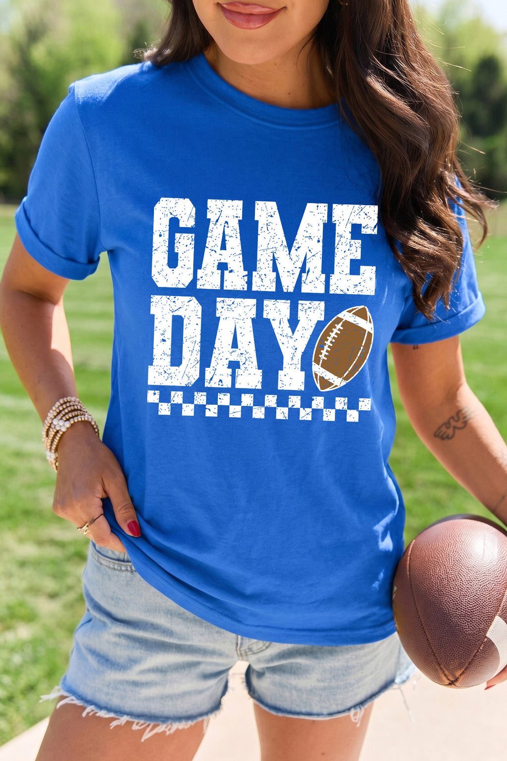 Dark Blue GAME DAY Checkered Print Rugby Graphic T Shirt