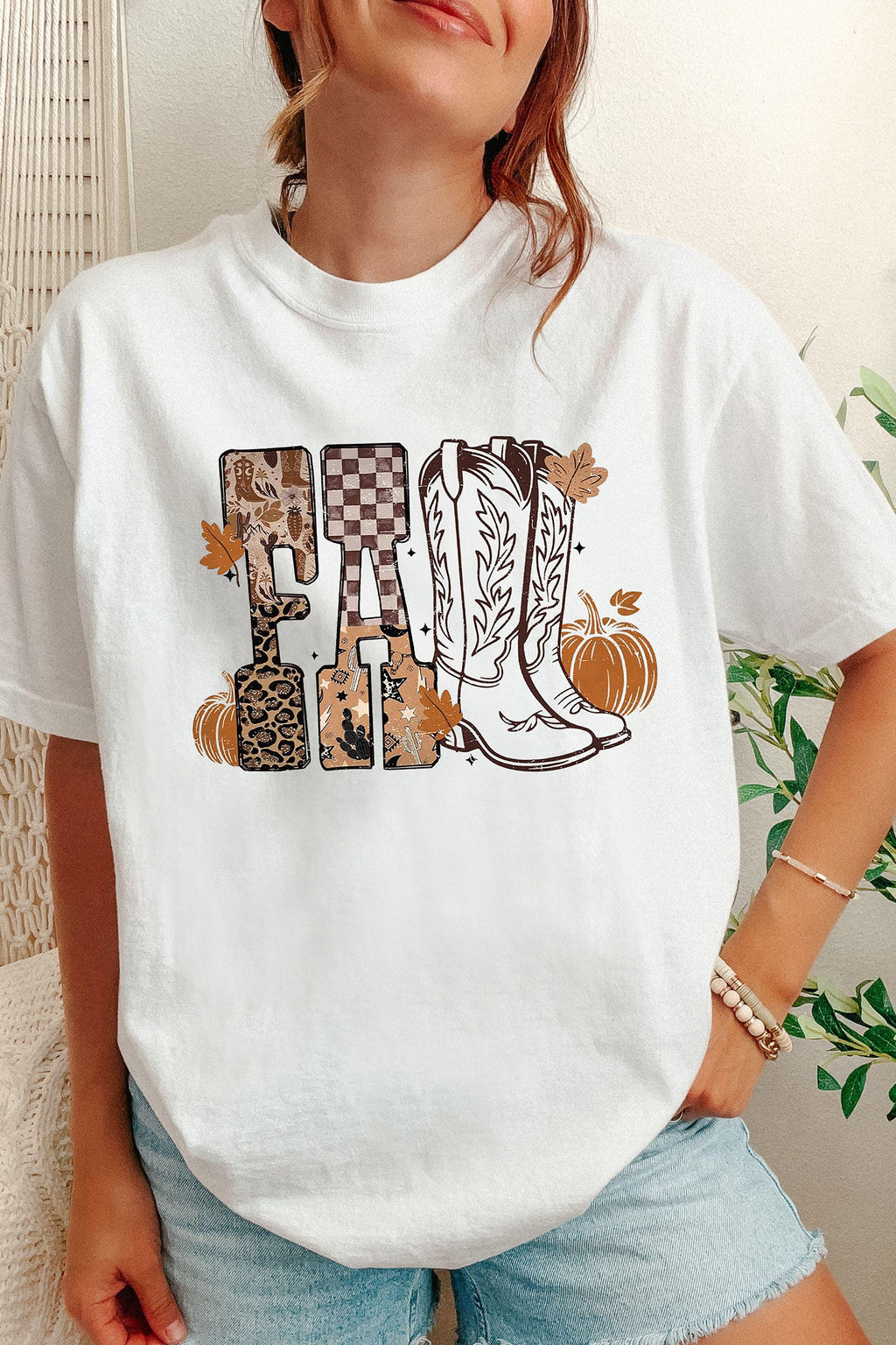 White FALL Letter Print Western Thanksgiving Graphic T-Shirt
