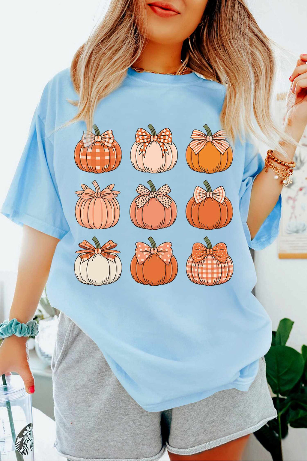 Light Blue Multi Pumpkin Print ODM Custom Graphic T Shirt
