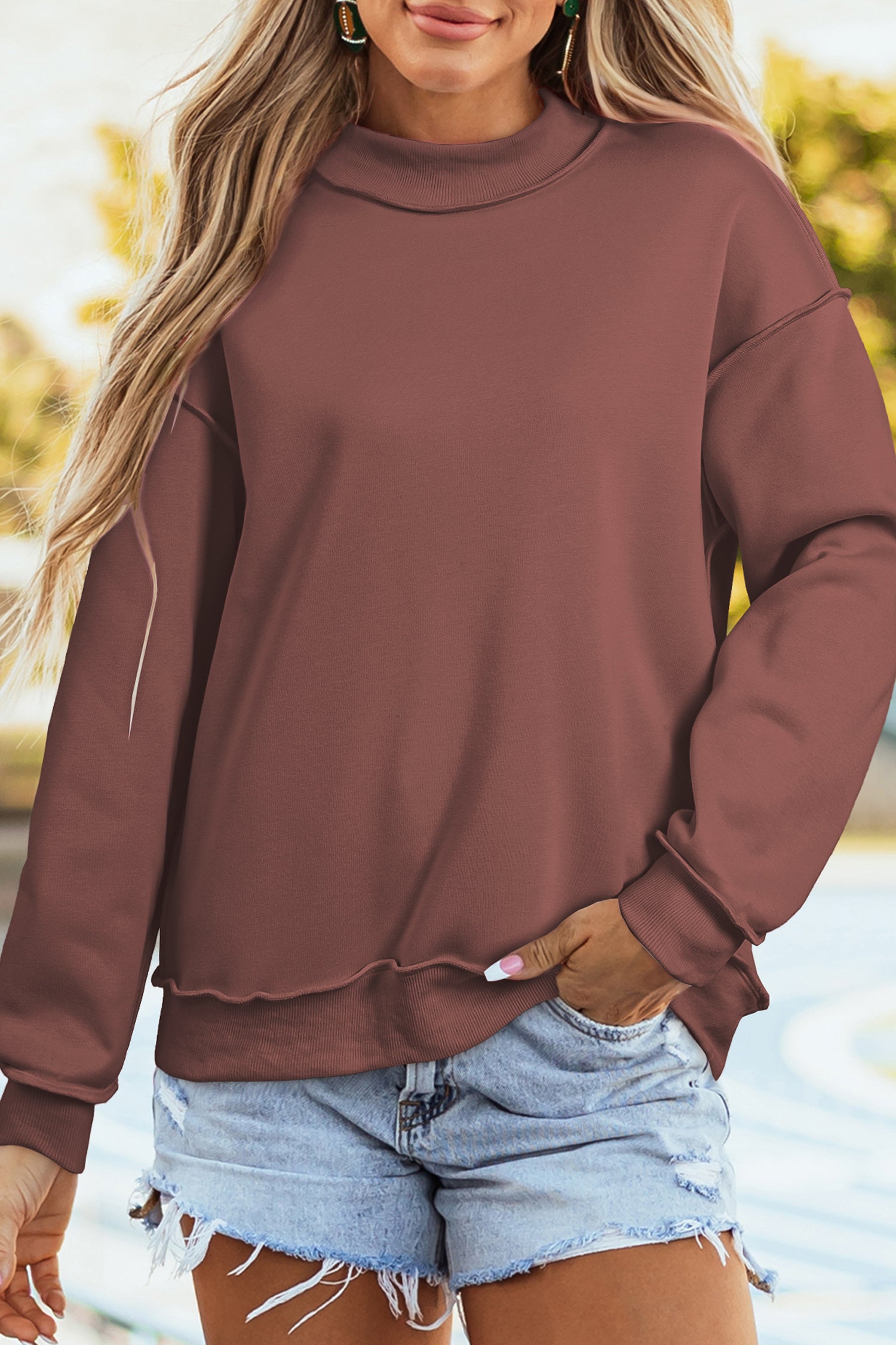 Coffee Oversize Drop Shoulder Reversible Mock Neck Sweatshirt