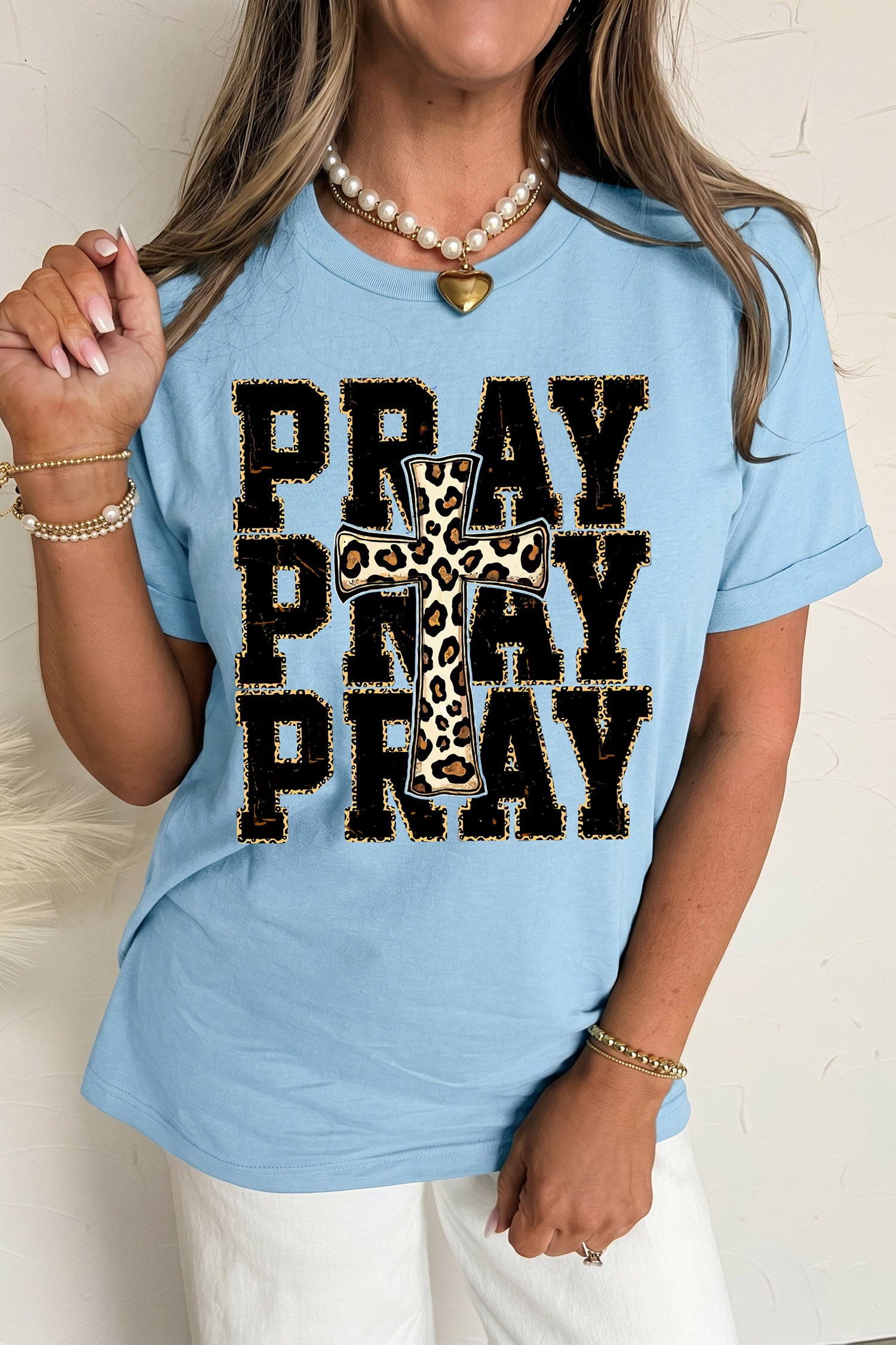 Light Blue PRAY Leopard Cross Graphic Loose Round Neck T Shirt