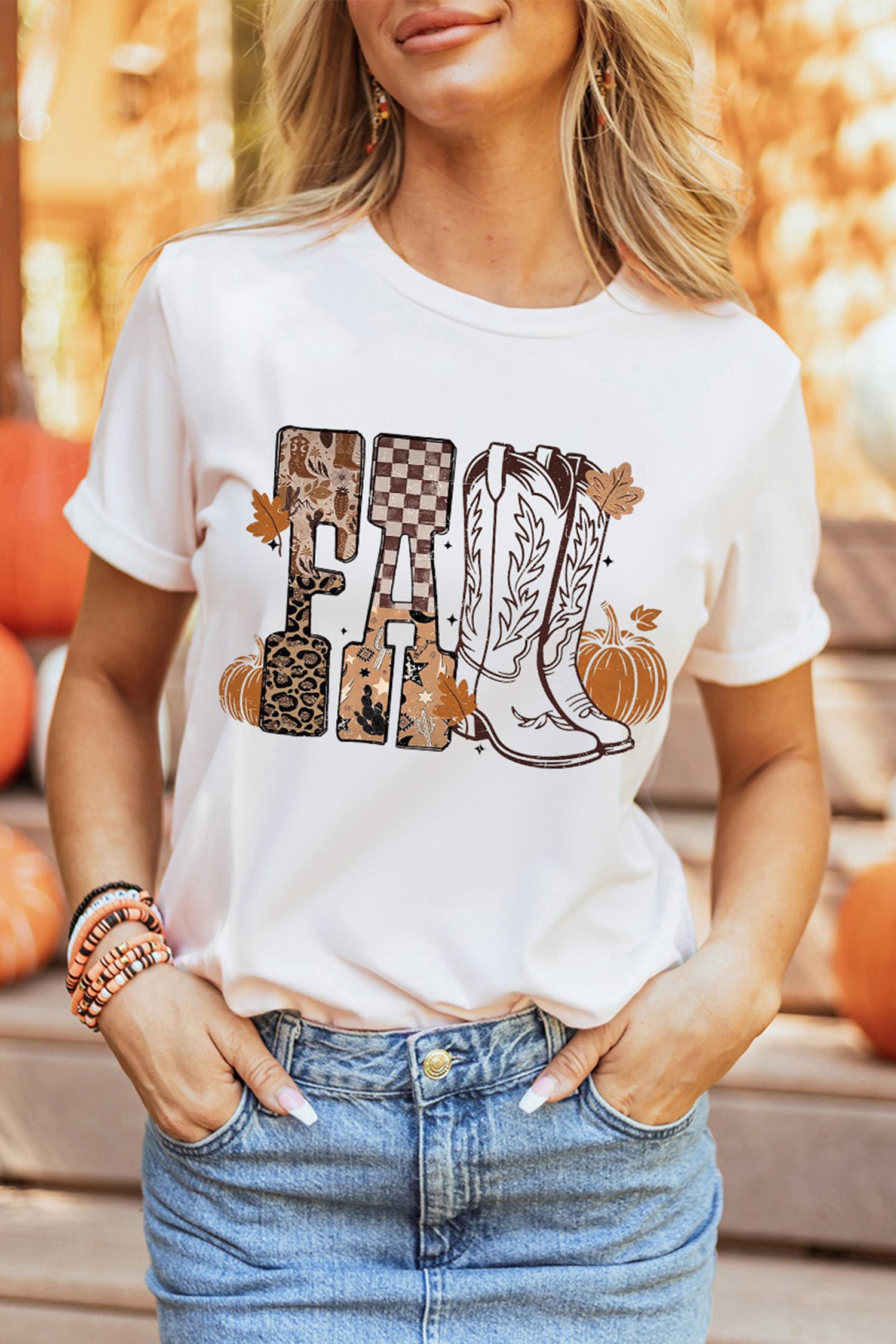 White FALL Letter Print Western Thanksgiving Graphic T-Shirt