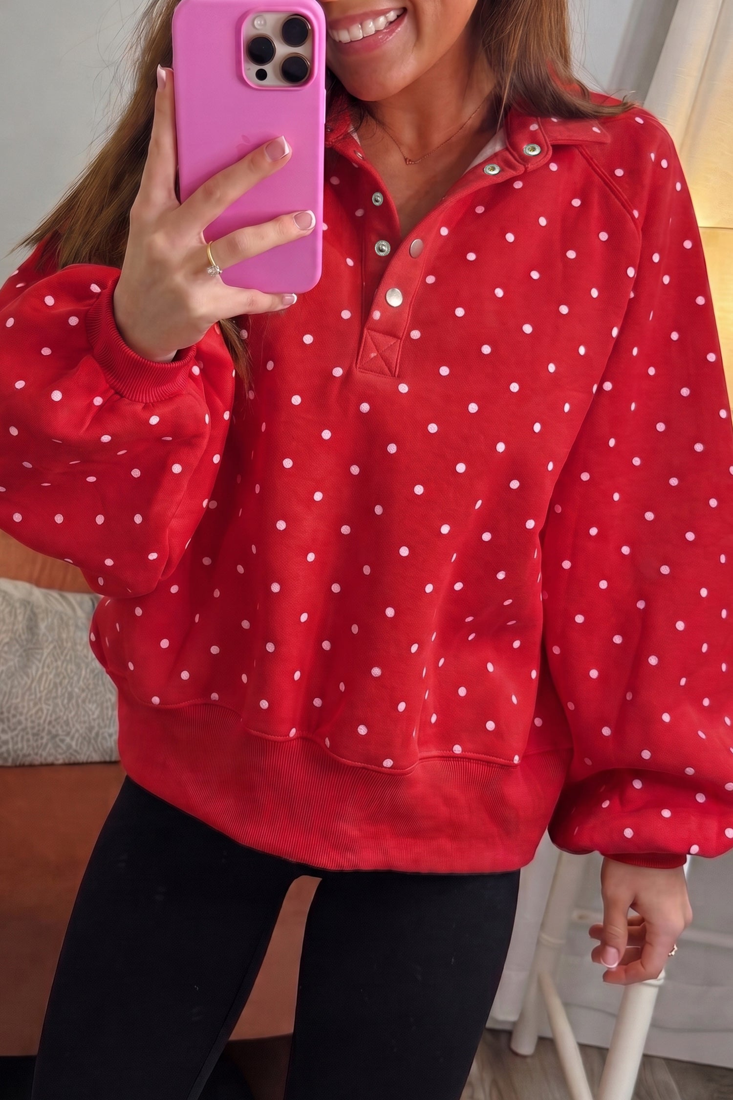 Brown Polka Dot Print Metal Button Collar Casual Pullover Sweatshirt