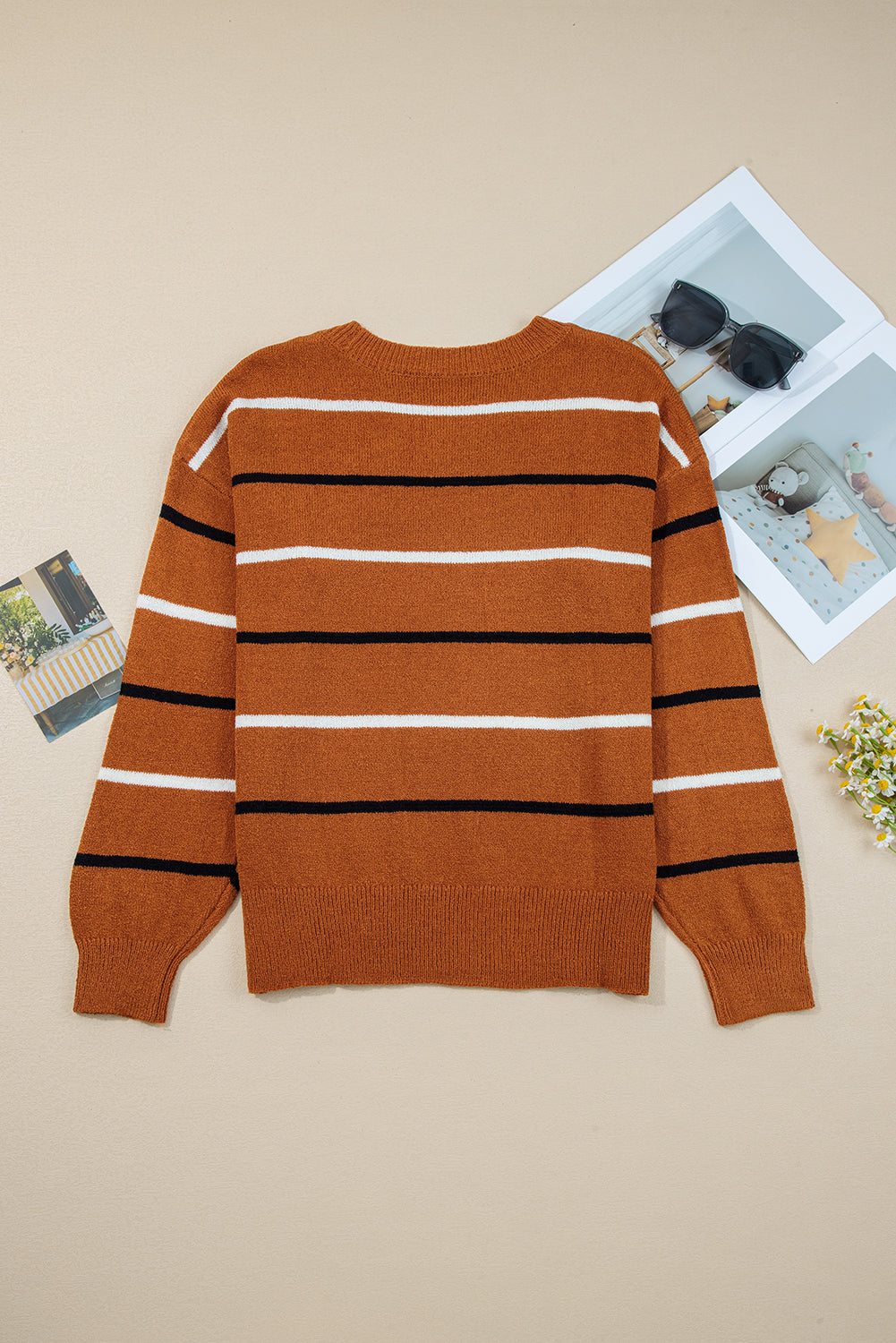 Multicolour Striped Ribbed Edge Drop Shoulder Sweater