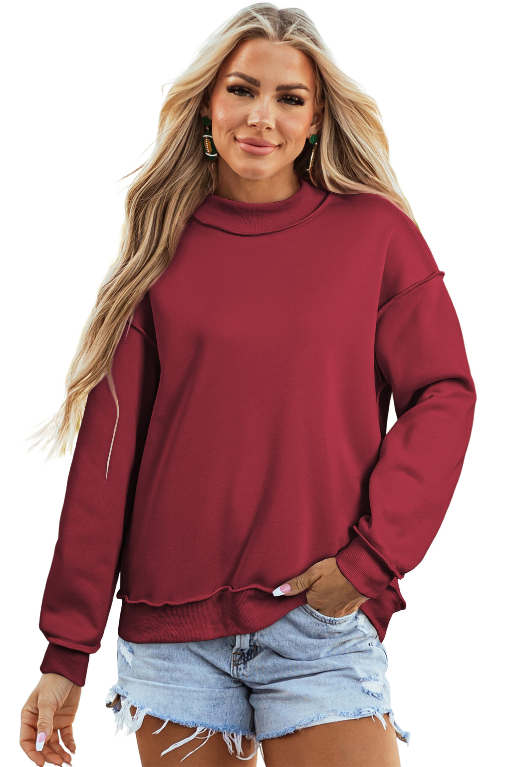 Coffee Oversize Drop Shoulder Reversible Mock Neck Sweatshirt
