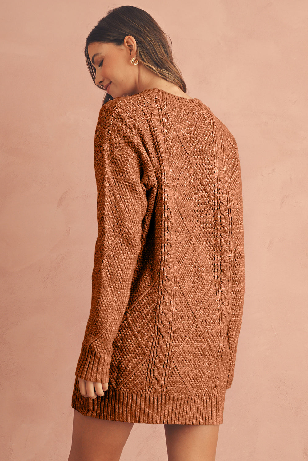 Oatmeal Cable Knit Drop Shoulder Loose Fit Sweater Dress