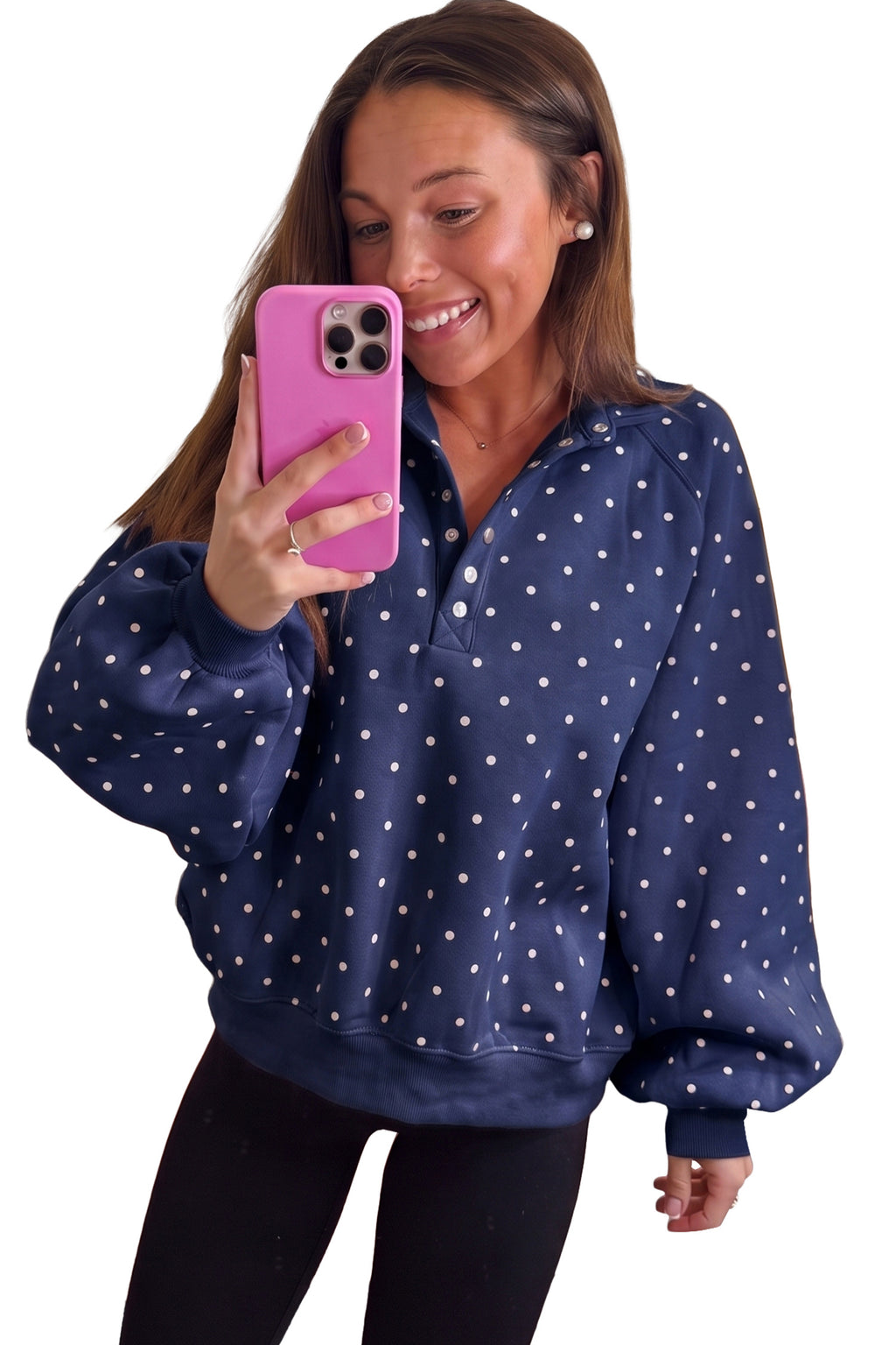 Brown Polka Dot Print Metal Button Collar Casual Pullover Sweatshirt