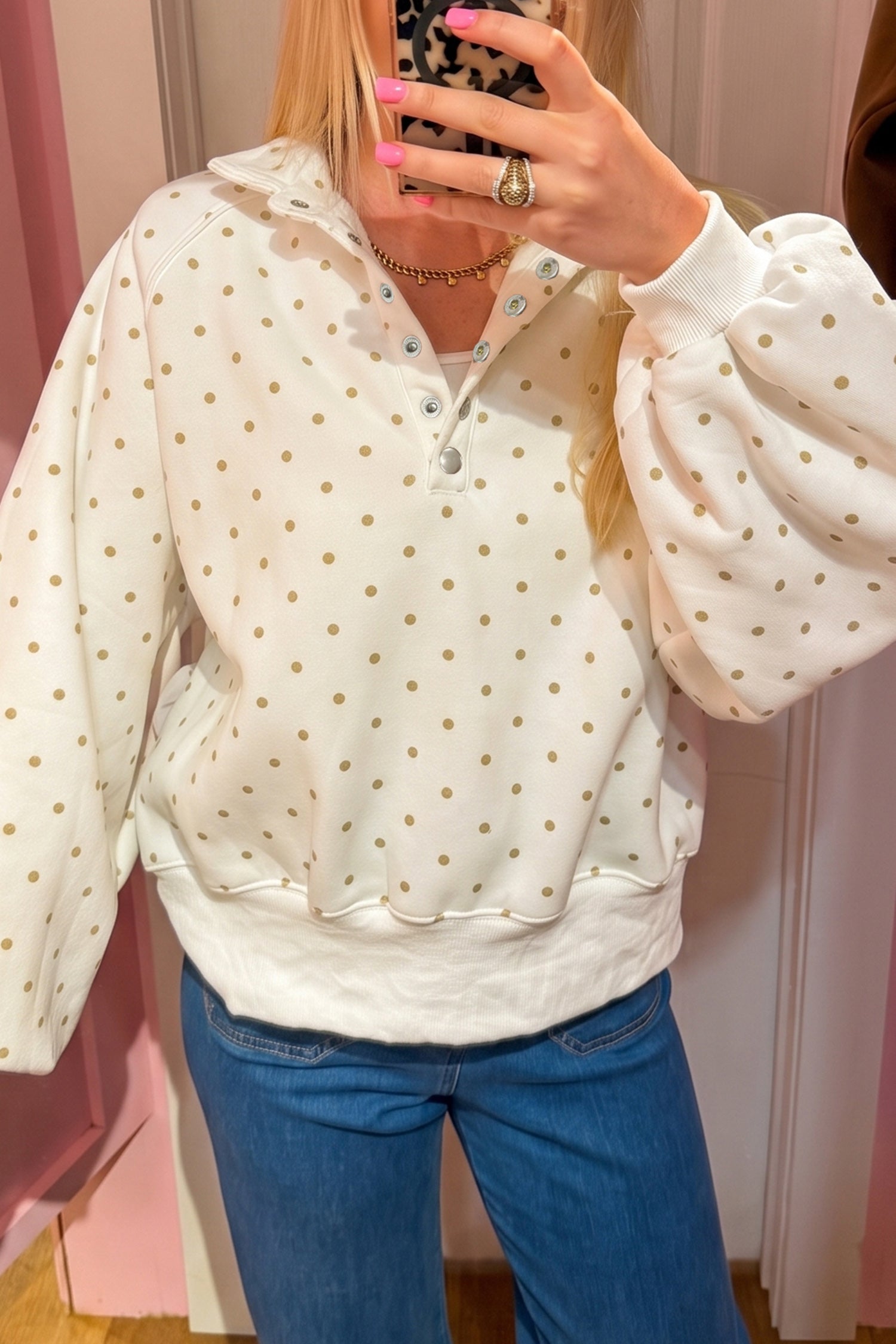 Brown Polka Dot Print Metal Button Collar Casual Pullover Sweatshirt