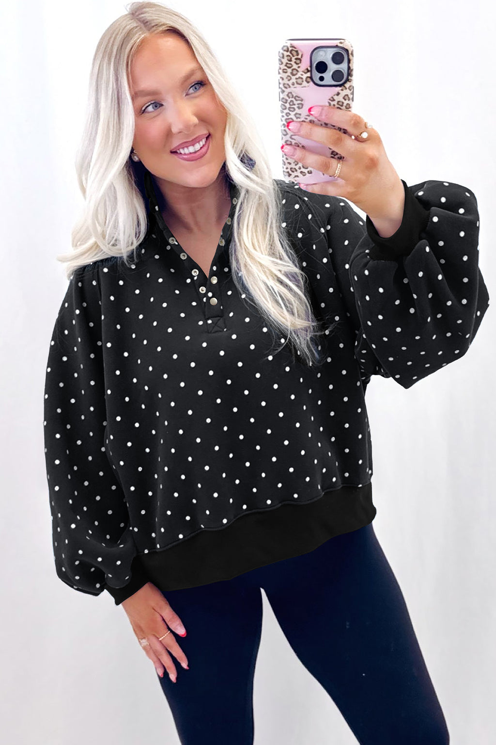 Brown Polka Dot Print Metal Button Collar Casual Pullover Sweatshirt