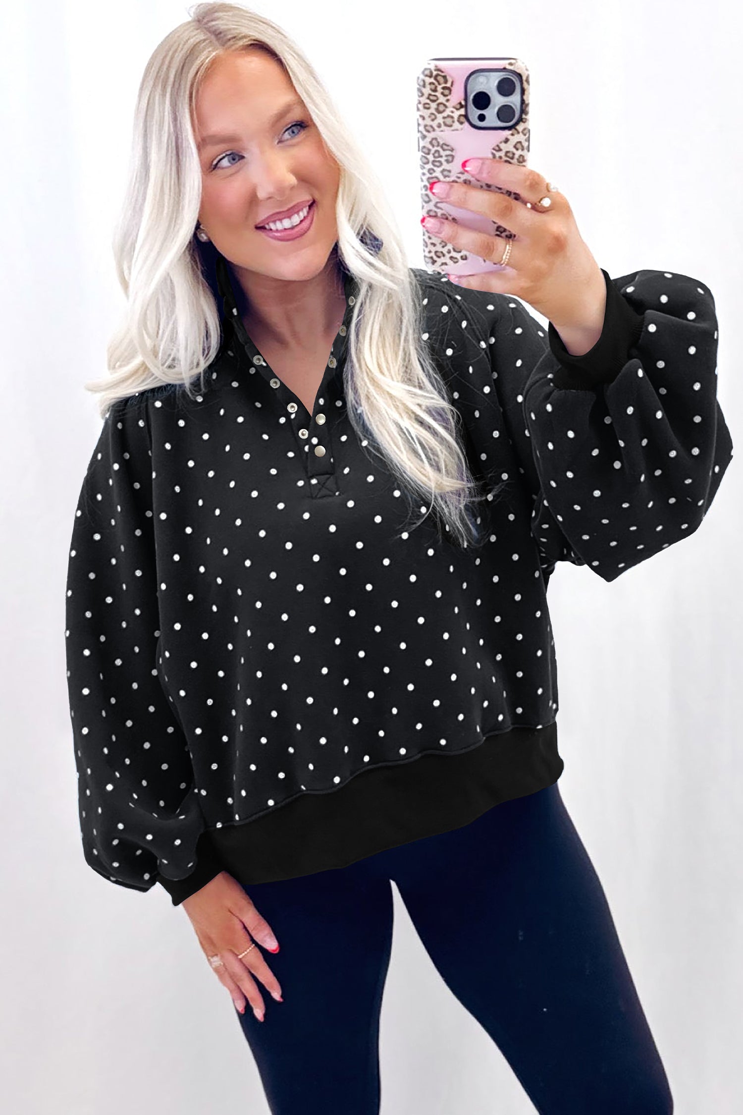 Brown Polka Dot Print Metal Button Collar Casual Pullover Sweatshirt