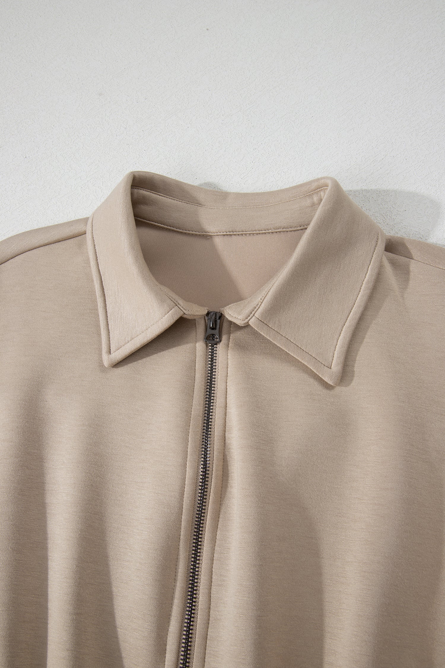 Dark Khaki Solid Color Zip Front Short Sleeve Collared Jumpsuit