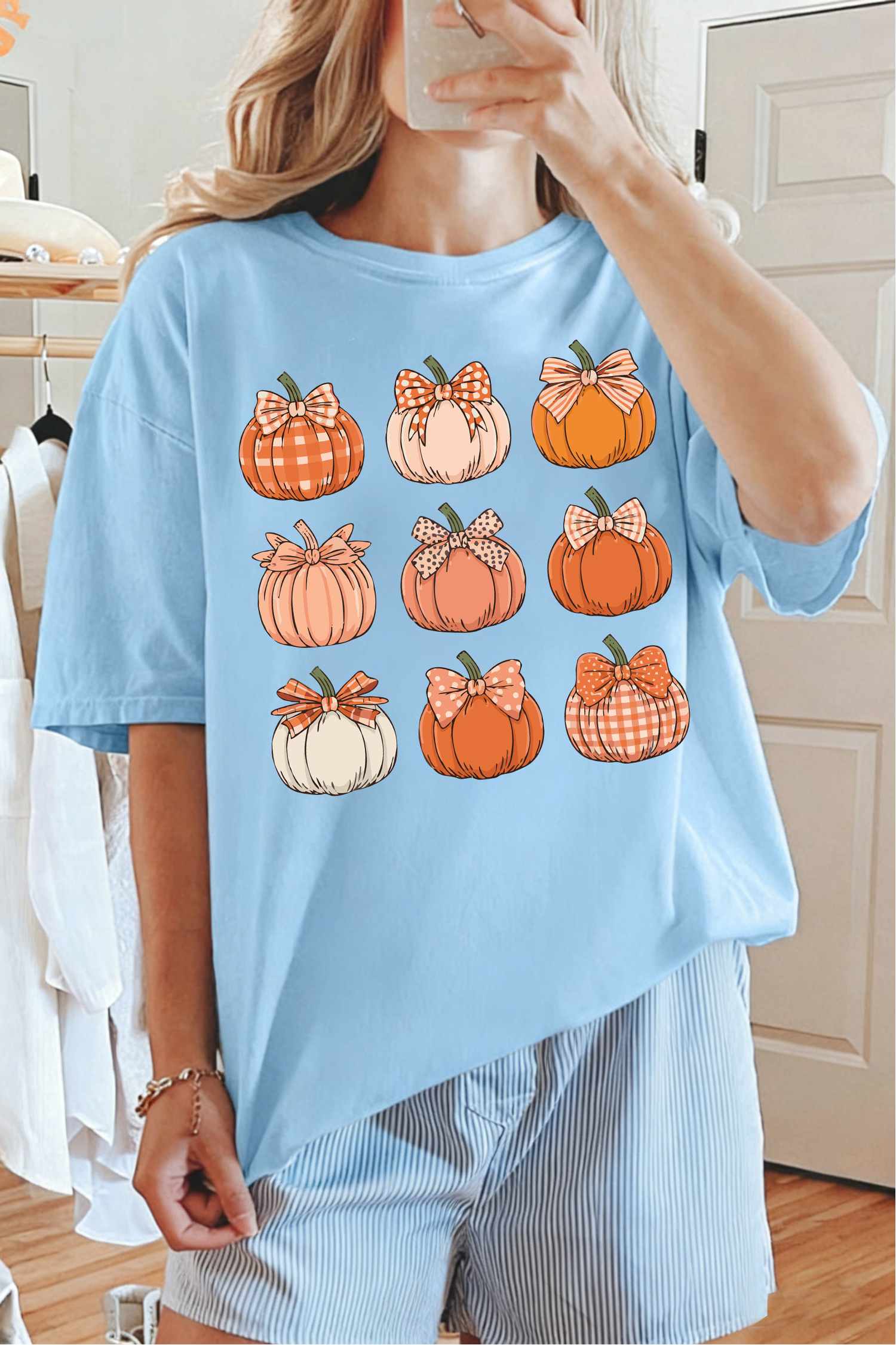Light Blue Multi Pumpkin Print ODM Custom Graphic T Shirt