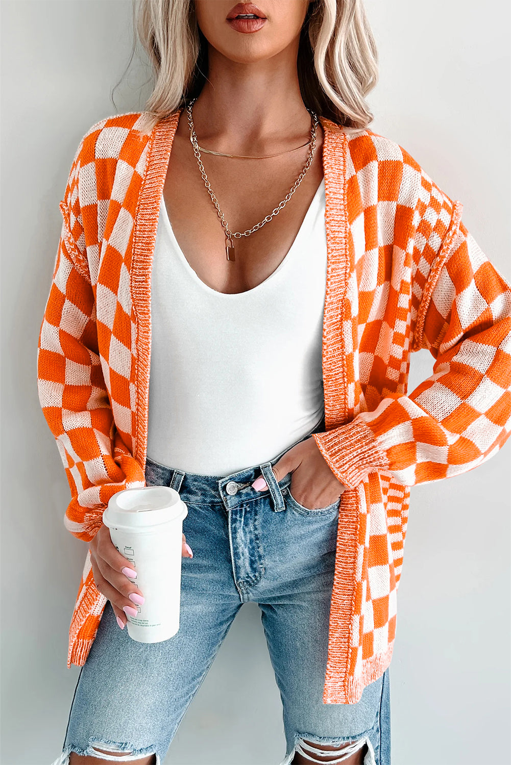 Brown Checkered Open Front Drop Shoulder Cardigan
