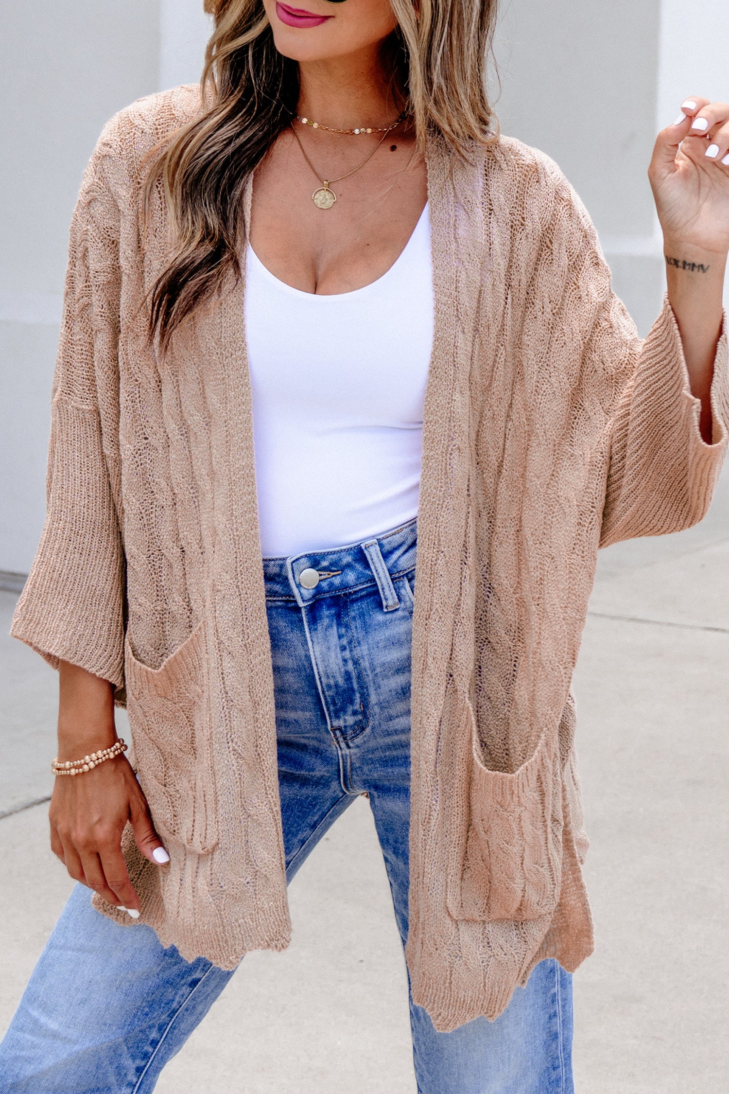 Old Rose Drop Shoulder Crochet Knit Open Front Cardigan