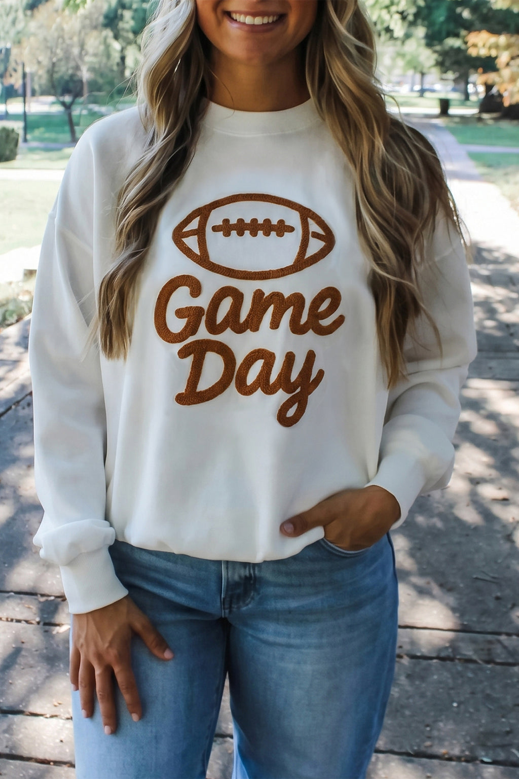 White Embroidered Slogan Game Day Rugby Pattern Crewneck Sweatshirt