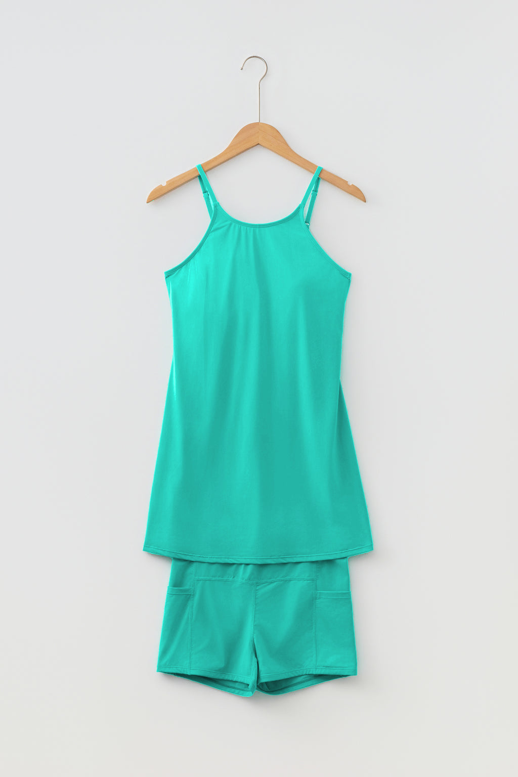 Sea Green Solid Color Tunic Tank Dress Athletic Shorts Two Piece Set