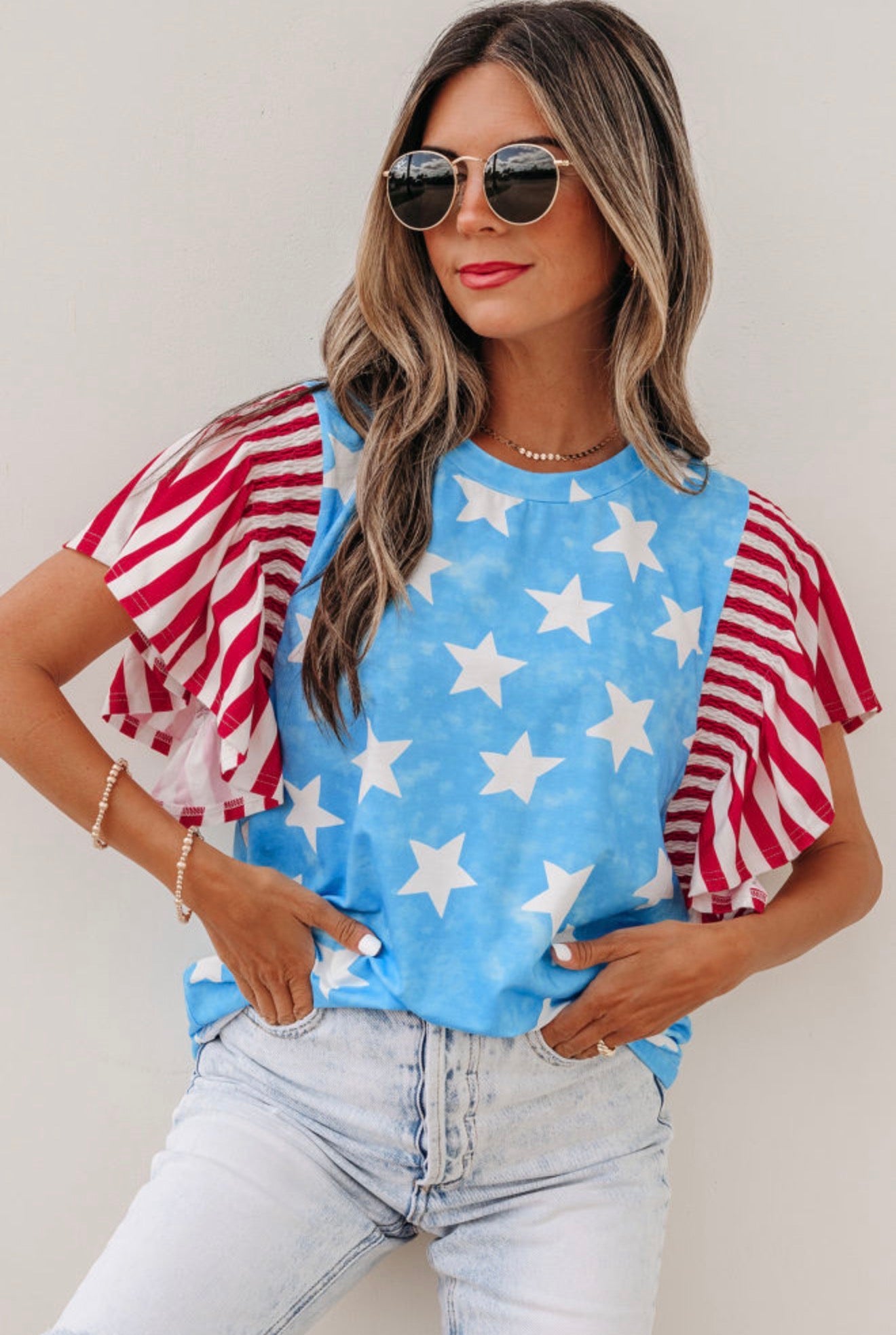 Sky Blue Star Ruffle Sleeve Patriotic Top
