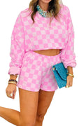 Plaid Checkered Long Sleeve Crop Top Elastic Waist Shorts Two Piece Set