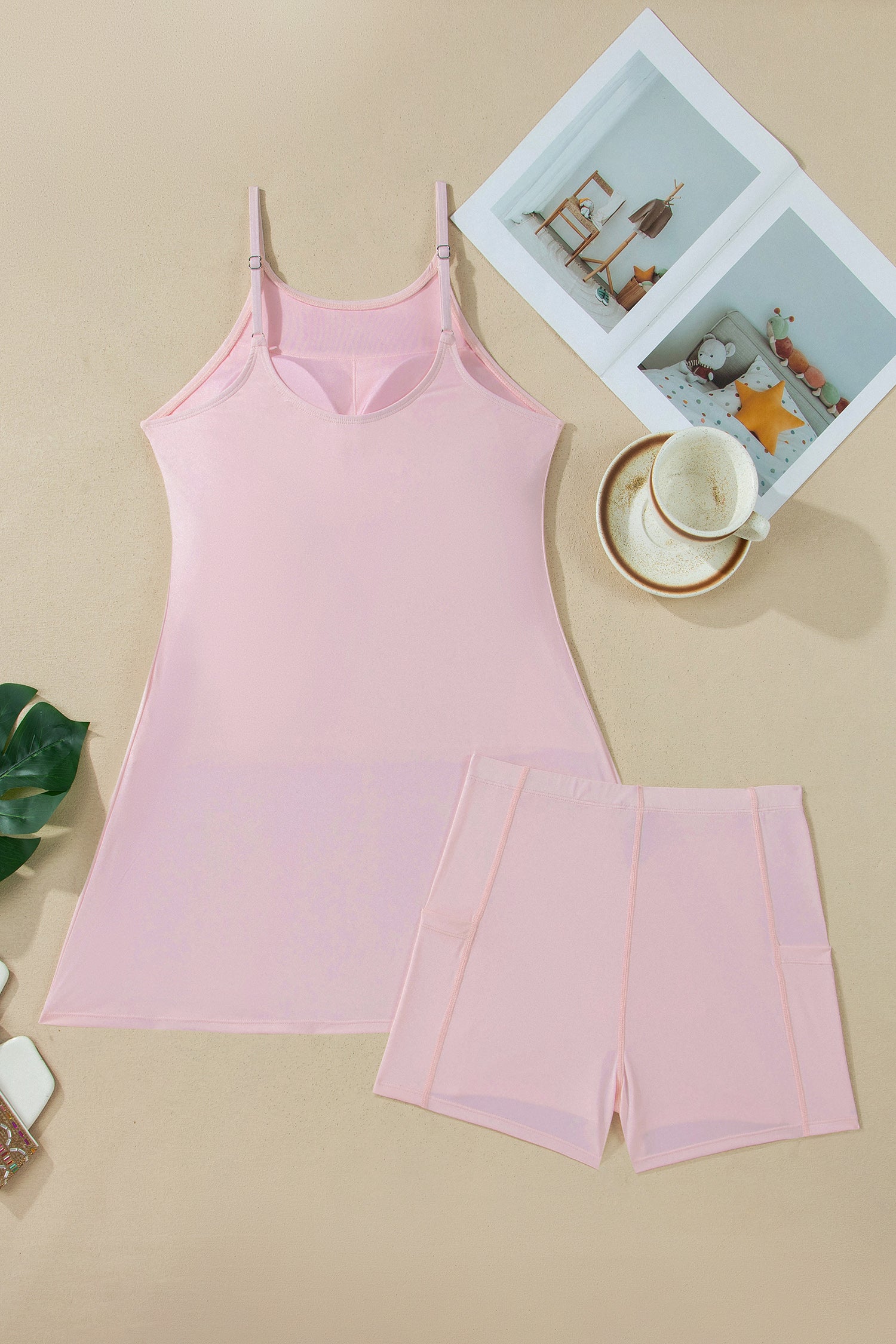 Sea Green Solid Color Tunic Tank Dress Athletic Shorts Two Piece Set