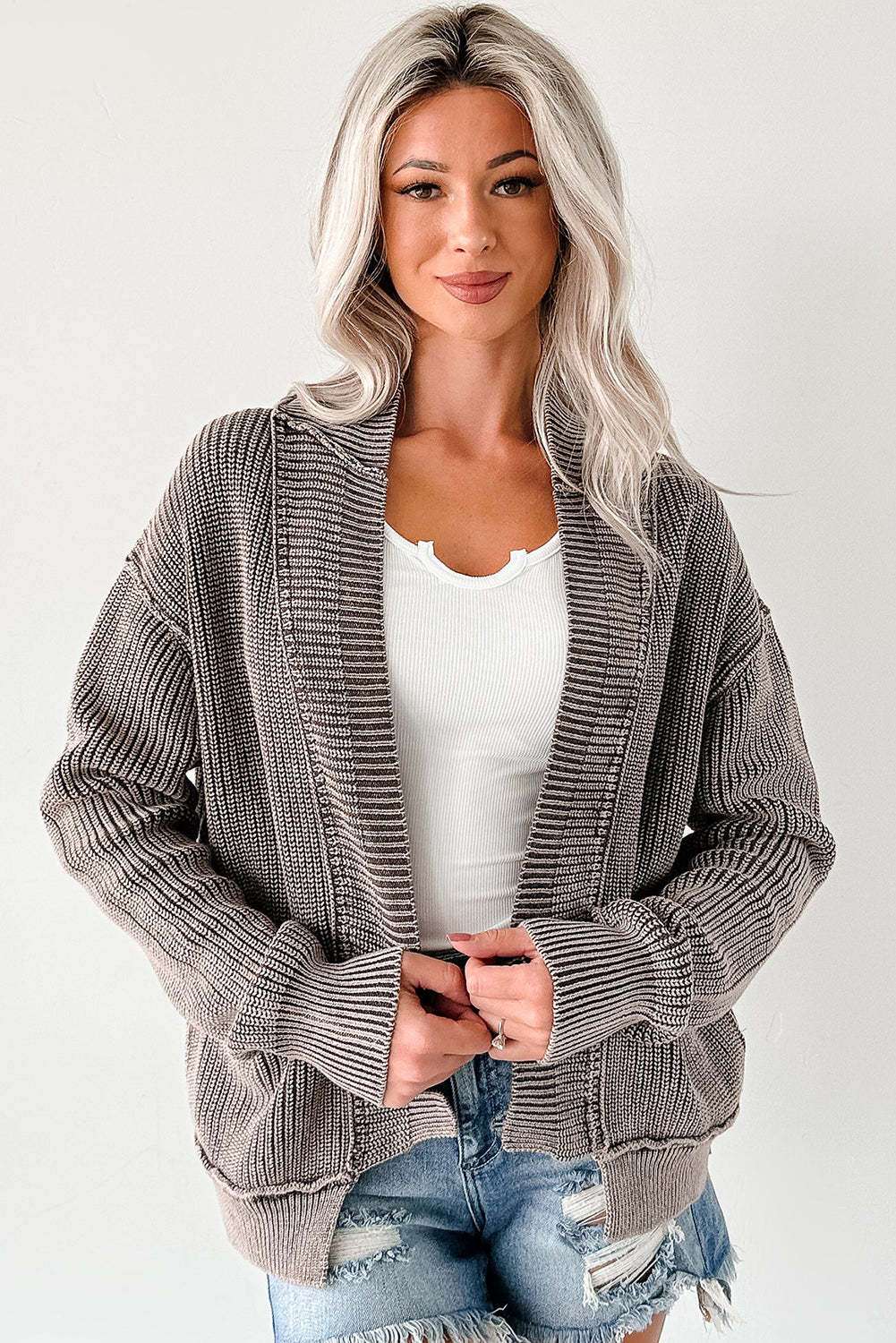 Evergreen Mineral Wash Exposed Seam Patchwork Knit Cardigan