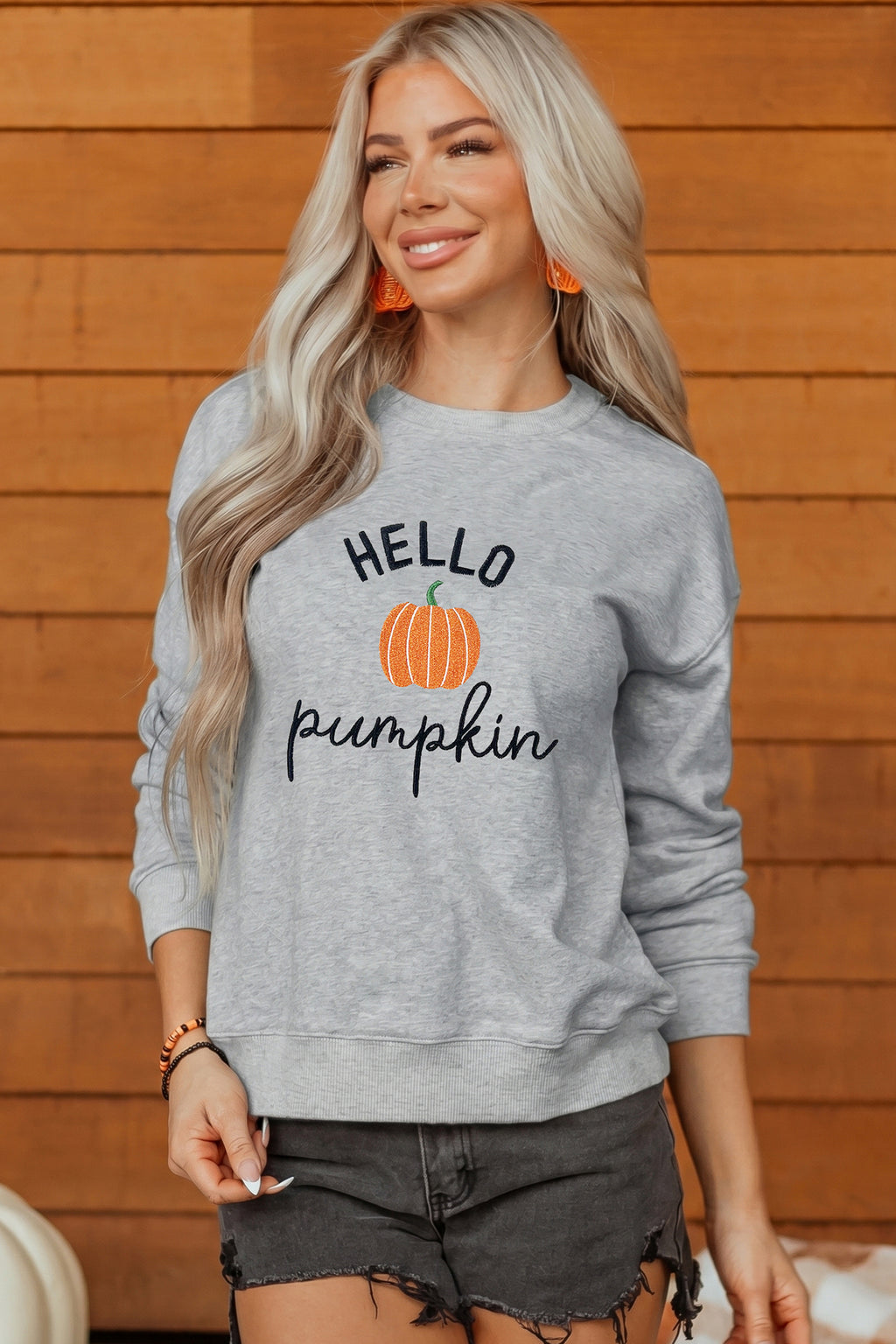 Gray HELLO Pumpkin Embroidered Pattern Casual Sweatshirt