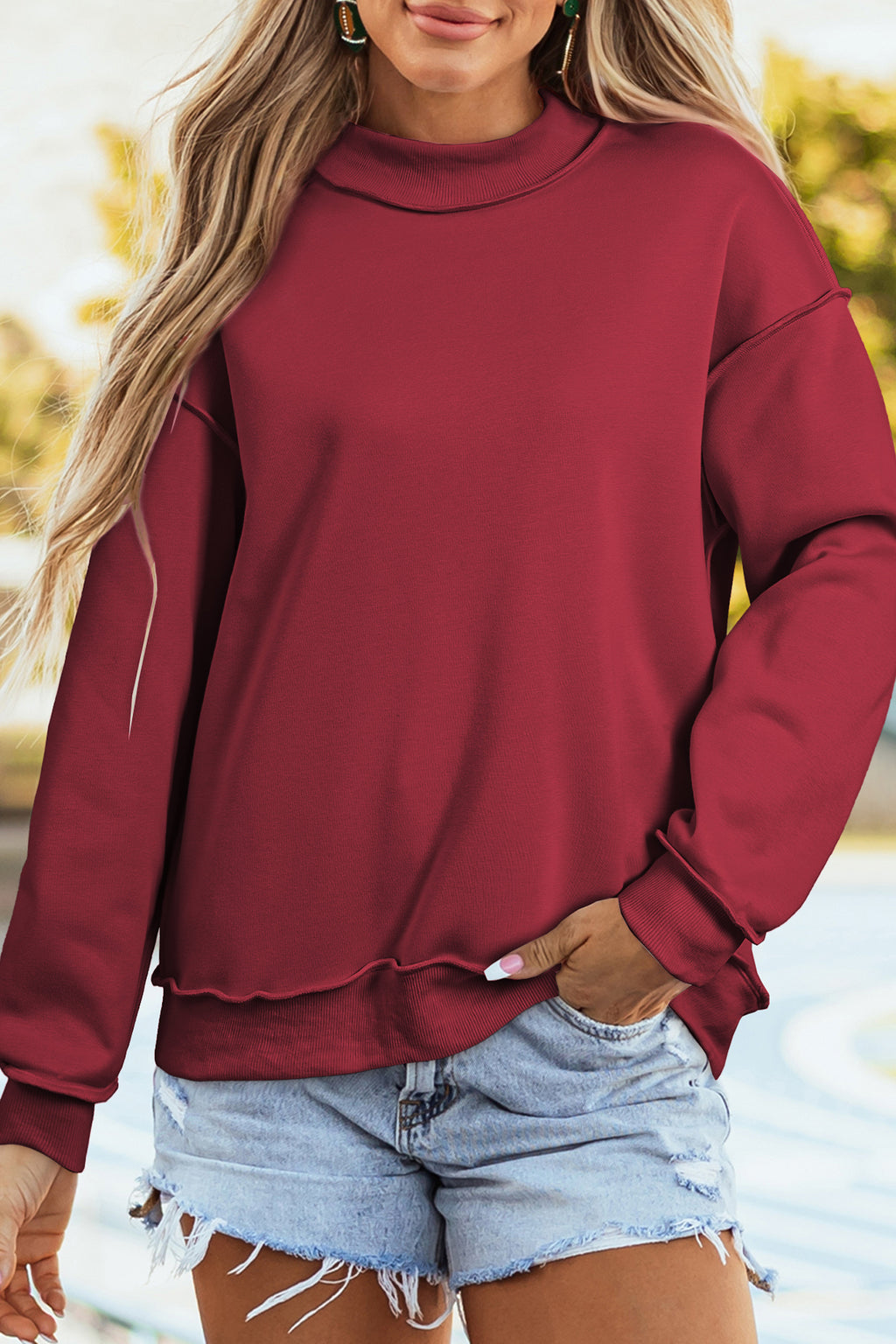 Coffee Oversize Drop Shoulder Reversible Mock Neck Sweatshirt