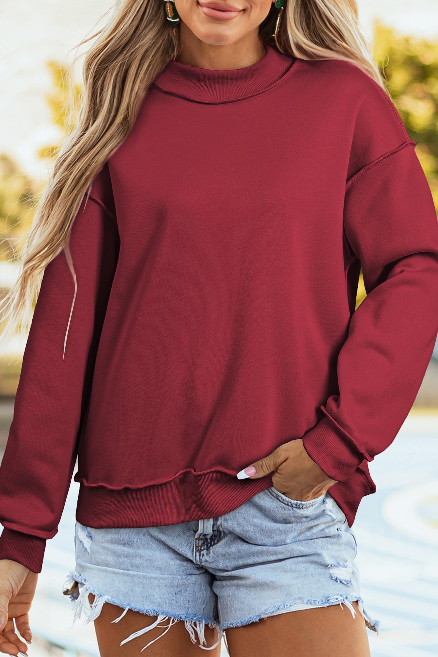 Coffee Oversize Drop Shoulder Reversible Mock Neck Sweatshirt