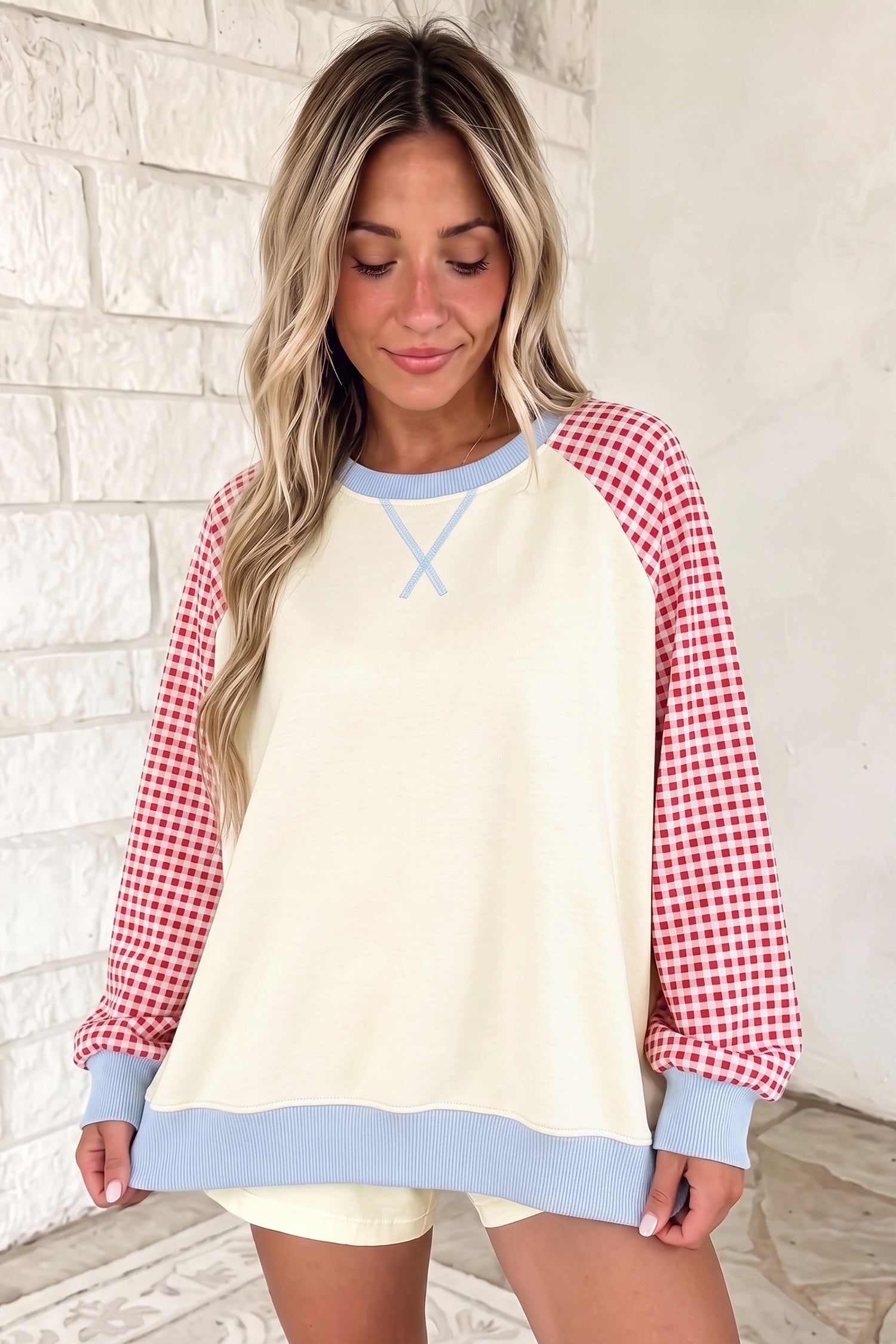Light Blue Plaid Sleeve Colorblock Raglan Pullover Sweatshirt