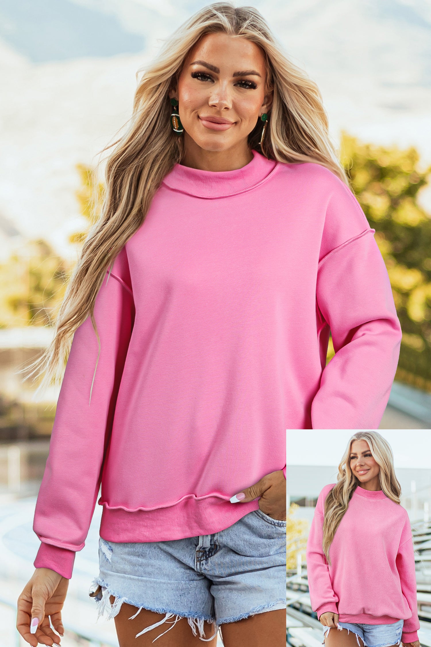 Coffee Oversize Drop Shoulder Reversible Mock Neck Sweatshirt