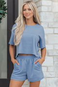 Sky Blue Solid Color Contrast Textured Patchwork Raw Edge 2pcs Short Set