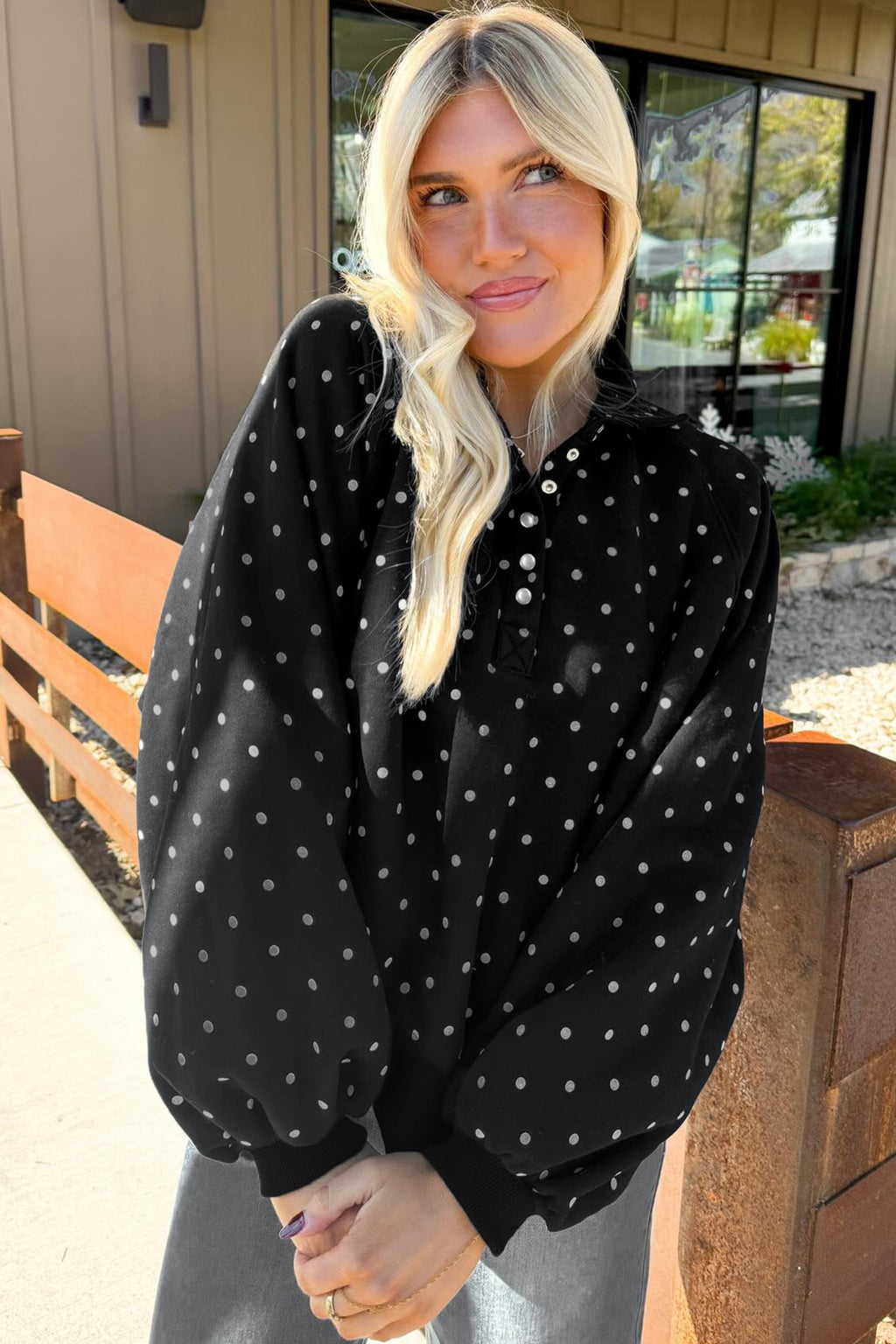 Brown Polka Dot Print Metal Button Collar Casual Pullover Sweatshirt