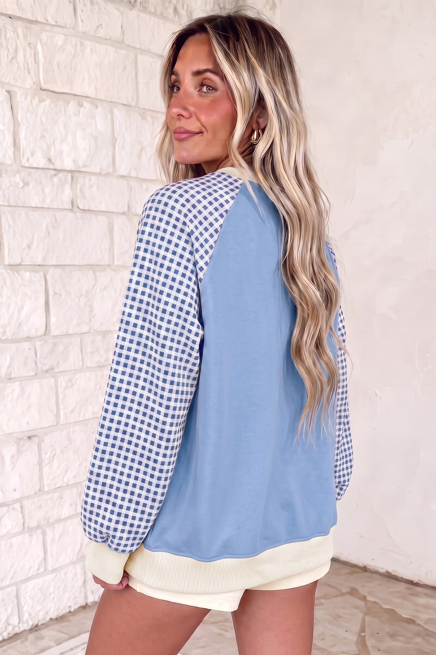 Light Blue Plaid Sleeve Colorblock Raglan Pullover Sweatshirt