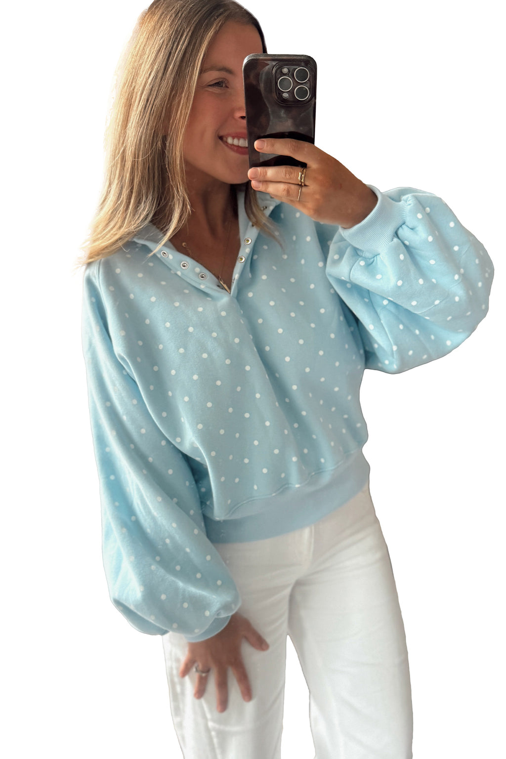 Brown Polka Dot Print Metal Button Collar Casual Pullover Sweatshirt