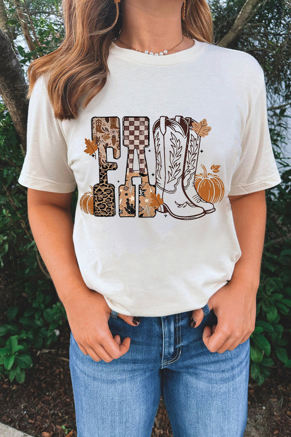 White FALL Letter Print Western Thanksgiving Graphic T-Shirt