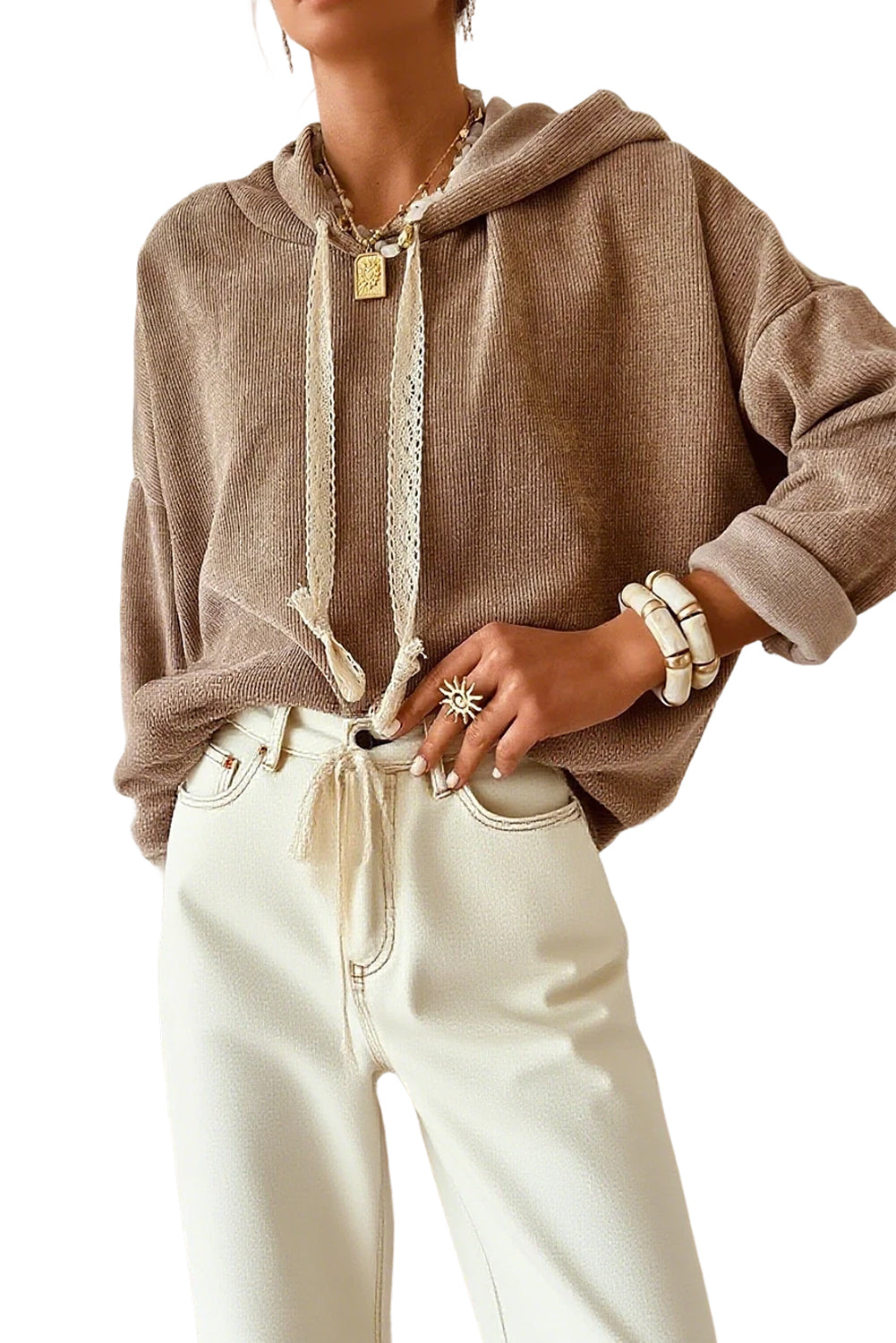 Jet Stream Thermal Textured Lace Drawstring Baggy Hoodie
