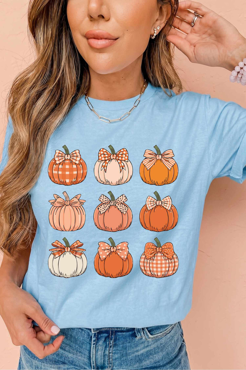 Light Blue Multi Pumpkin Print ODM Custom Graphic T Shirt