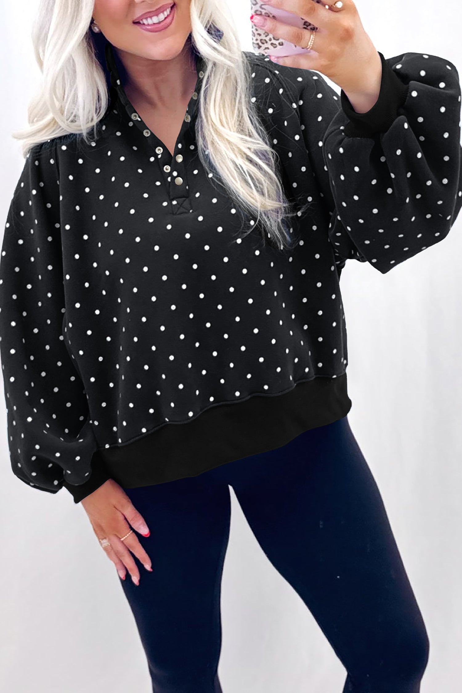 Brown Polka Dot Print Metal Button Collar Casual Pullover Sweatshirt