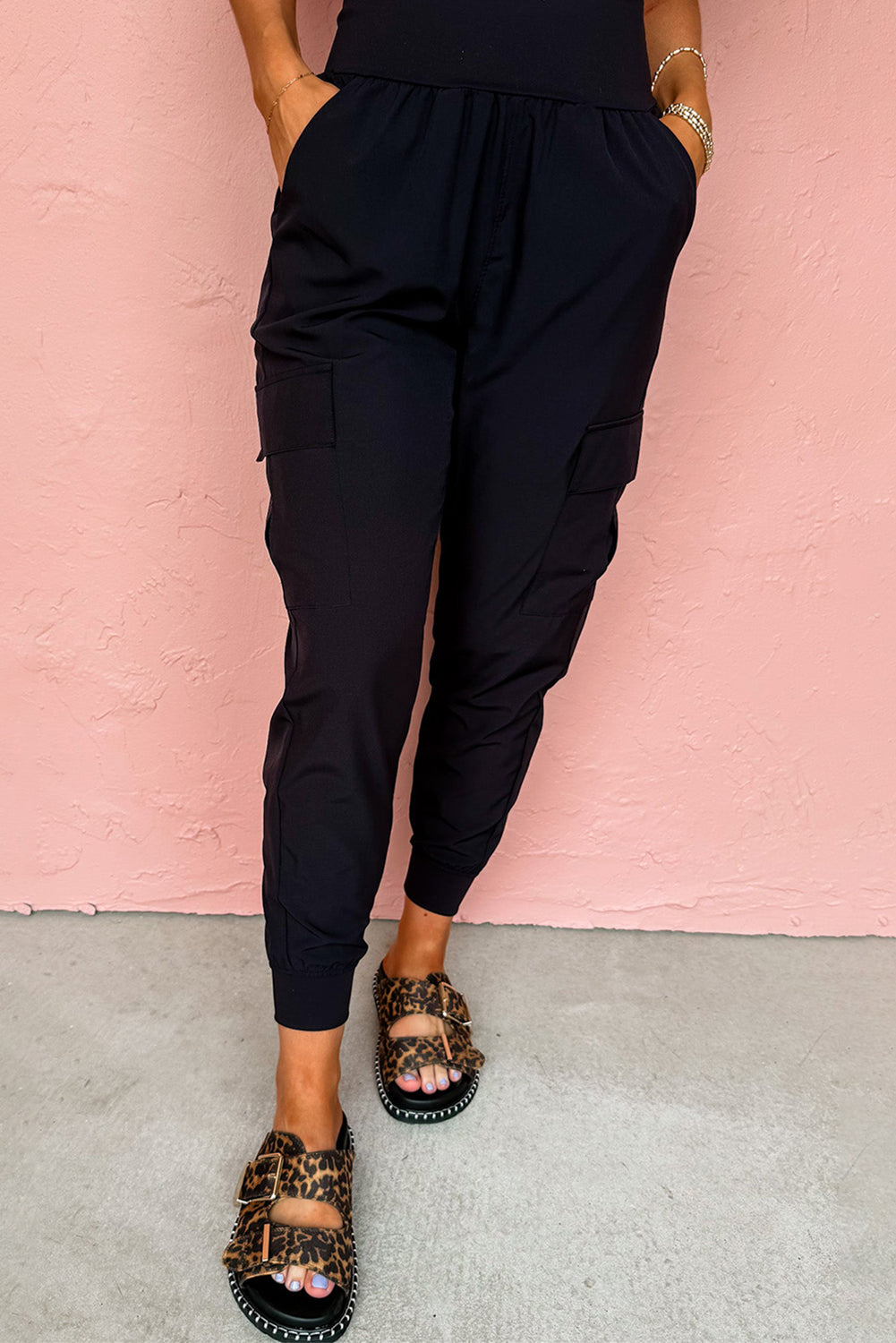 Black Elastic High Waist Pocketed Cargo Jogger Pants