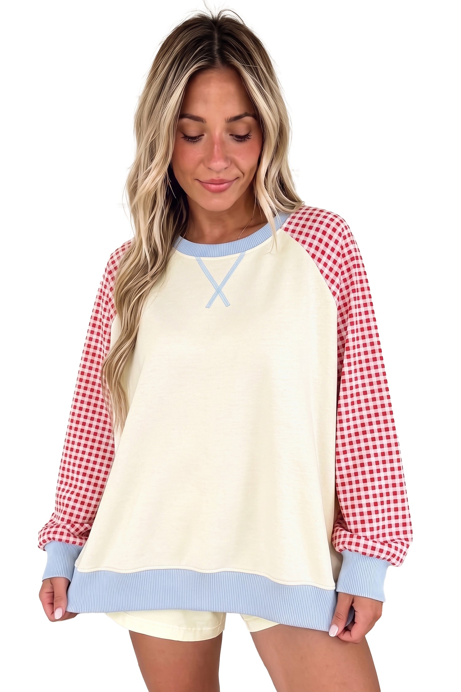 Light Blue Plaid Sleeve Colorblock Raglan Pullover Sweatshirt
