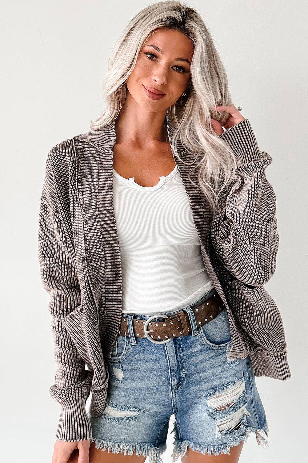 Evergreen Mineral Wash Exposed Seam Patchwork Knit Cardigan